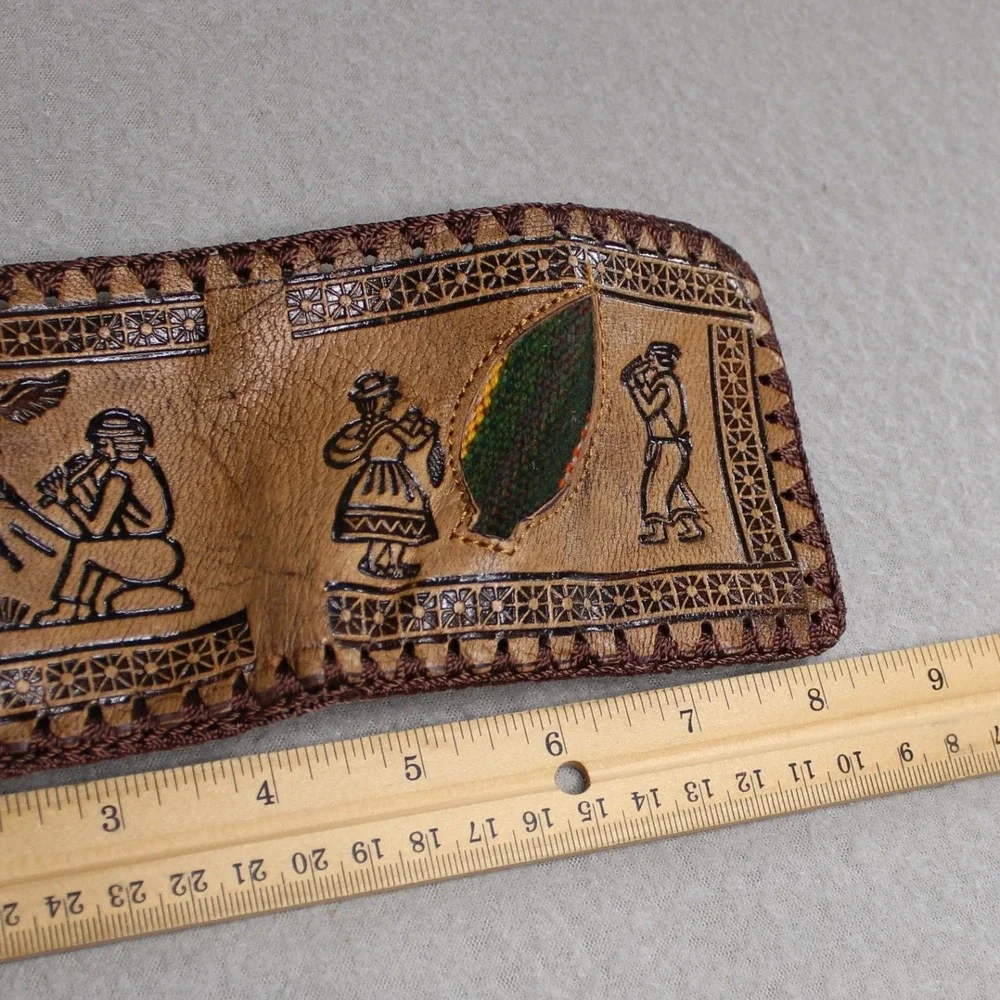 Tooled Leather Bifold Wallet Andean Llama Pan Flute Tan Brown Handcrafted